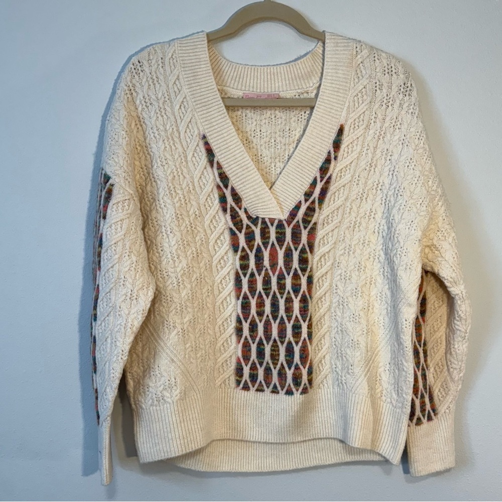 Room 34 Multicolor Cableknit Lattice Detail Sweater